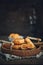 Sesame meat muffins, traditional handmade food, dark background