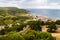 Sesimbra city general landscape seen from Sesimbra castle with the Atlantic ocean far beyond