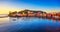 Sestri Levante, silence bay sea harbor and beach view on sunset.