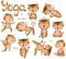 Set of 10 cute stylish cartoon smiling tigers in various yoga asanas on a white background. Isolated childish cute clip-art of exe