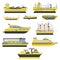A set of 10 types of vector ships and boats in blue and yellow colors. Vector graphics isolated on white background.