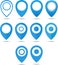 Set of 12 blue geo pins. Geolocation signs set. Geolocate and navigation sign.