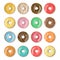 Set of 12 bright tasty vector donuts illustration on the white background. Doughnut icon in cartoon style for