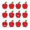 Set of 12 modern flat emoticons: Red apple with leaf, food, fruit, smile, sadness and other emotions. Vector