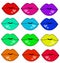 Set of 12 neon multi-colored bright attractive lips.vector