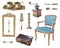 Set of 13 gorgeous old vintage items. Antique slul, coffee grinder, milk jug, sugar bowl, frame, suitcase, candlestick, cutlery.