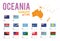 Set of 14 flags of Oceania isolated on white background and map of Oceania