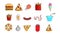 Set of 15 icons of items of delicious food and snacks for a cafe bar restaurant on a white background: burger, pizza, fries, ice