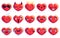 Set of 15 special heart shaped pixel art emoji in red color