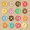Set of 16 bright tasty vector donuts illustration on the cardboard box background. Doughnut icon in cartoon style for