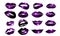 Set of 16 glamour lips, with violet lipstick colors. Vector illustration. element. Woman s lip gestures set. Girl mouths close up