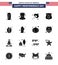 Set of 16 Vector Solid Glyphs on 4th July USA Independence Day such as food; security; camping; american; sheild