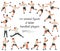 Set of 18 vector isolated figures of Chinese or Vietnamese handball players and keepers team jumping, running, standing in goal in