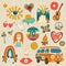 set 1970s good vibe groovy elements. Cute retro hippie and psychedelic stickers clipart