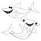 Set of 2 Illustrated Sharks. Outline, Black and White. Cute, cartoon vector illustrations.