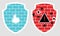 Set of 2 shields with cyber security brick wall icons with fire, bullet holes and bugs isolated on gray background. Data