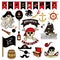 Set of 23 color elements on the pirate theme. Pirate symbols-swords, treasure chest, skull and bones, Davy Jones