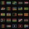 A set of 25 flags of different African countries, in neon style. On the background of a brick wall with a shadow.