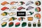 Set of 25 isolated colorful sushi and roll. Cute japanese food h