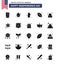 Set of 25 Modern Solid Glyph pack on USA Independence Day house; american ball; cactus; sports; ball