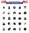 Set of 25 Modern Solid Glyph pack on USA Independence Day sausage; food; yummy; liquid; flask
