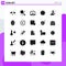 Set of 25 Vector Solid Glyphs on Grid for ecology, setting, analysis, multimedia, platform