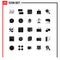 Set of 25 Vector Solid Glyphs on Grid for gear under magnifier, marketing, digital, technology, digital