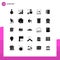 Set of 25 Vector Solid Glyphs on Grid for reception, microphone, graph, marriage, development