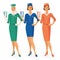 Set of 3 air hostesses Dressed In Uniform With Color Variants. Arab and European stewardess. Vector illustration