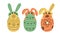 Set of 3 easter eggs with ornaments and hidden bunnies. Spring mood colorful easter themed elements for egg hunt