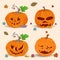 Set of 3 of four pumpkins flat illustration for halloween holiday background isolated