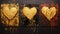Set Of 3 Gold Heart Paintings On Black Background