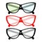 Set of 3 pairs of glasses with transparent and colorful lenses in a red and black frame. Vector. EPS