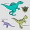 Set of 3 stylized dinosaurs with names, ethnic painting