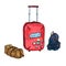 Set of 3 travel bags: red suitcase, blue backpack and beige bag, hand painted sketch