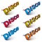 Set of 3d disco words broken into pieces, demolished vector design element. Shattered art stylish inscription in different colors
