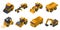 Set of 3D isometric heavy machinery used in the construction and mining industry,, front loader, dump truck, excavator, skid steer