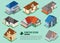 Set of 3d isometric private house icons for map building. Real estate concept.