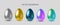 Set 3D metallic realistic holographic, gold, blue and silver eggs. Horizontal template for Happy easter, web banners