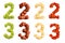 Set of 3d numbers made of fruits, apple, banana, kiwi, strawberry, two and three