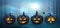 Set of 3D realistic scary and funny halloween pumpkin faces in wild night forest. Halloween  background.
