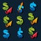 Set of 3d vector blue and green dollar signs with different arrows. Business success and wealth idea symbols collection isolated.