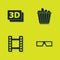 Set 3D word, cinema glasses, Play Video and Popcorn box icon. Vector