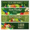 Set of 4 banners for the design of the farmer`s eco market, signs for the vegetable shop. colorful cartoon style