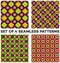 Set of 4 colorful seamless patterns with different geometric shapes of violet, yellow, green and black shades