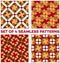 Set of 4 contemporary geometric seamless patterns with different geometric elements of bronze, orange, olive, red and white shades