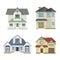 Set of 4 different residential town houses - urban architecture. Vector illustration in flat style, isolated on white background