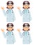 A set of 4 facial expressions that a female doctor wearing a forehead mirror and a stethoscope gives an OK sign.