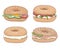 Set of 4 fresh bagel sandwiches with different fillings. Cream cheese, lox, vegetables. Vector illustration.