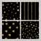 Set of 4 hand drawn seamless patterns in gold, black. Stripes, polka dots, triangles, round brush stroke patterns
